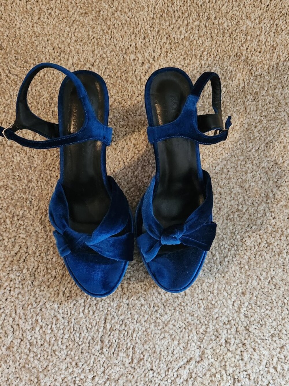 Blue velvet block heel platform sandals